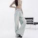 KENH Light Blue Loose Straight Wide-leg Jeans, New Women's Design With Embroidery, Floor-length Pants_ecoleips.com