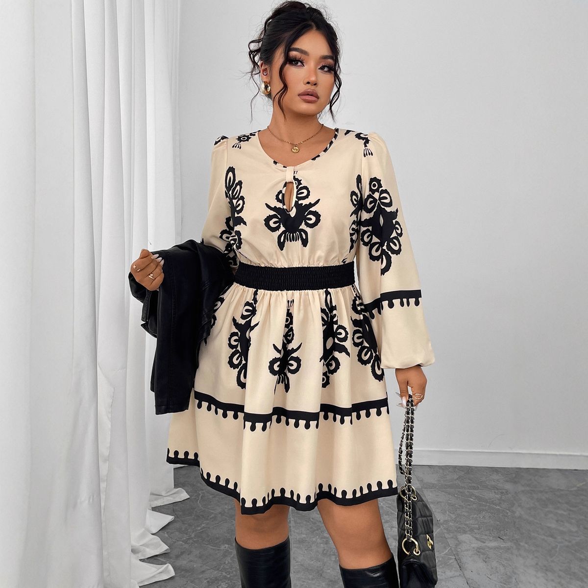 Women's High Waist Long Sleeve Dress – Floral Print Bubble Sleeve Round Neck Dress For Autumn Winter_ecoleips.com