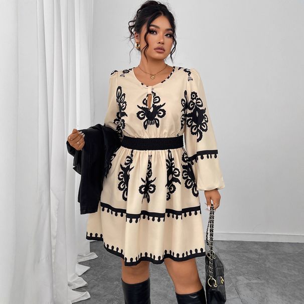 Women's High Waist Long Sleeve Dress – Floral Print Bubble Sleeve Round Neck Dress For Autumn Winter_ecoleips.com