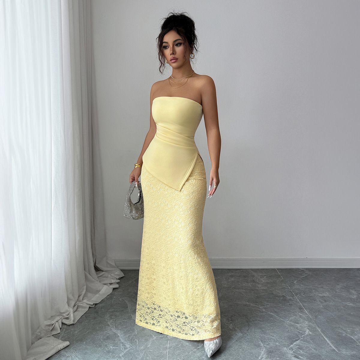 Elegant Strapless Bodycon Maxi Dress | Lace-Trimmed Formal Gown | Polyester Stretch Fit For Evening & Wedding Guest_ecoleips.com