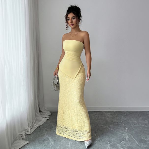 Elegant Strapless Bodycon Maxi Dress | Lace-Trimmed Formal Gown | Polyester Stretch Fit For Evening & Wedding Guest_ecoleips.com
