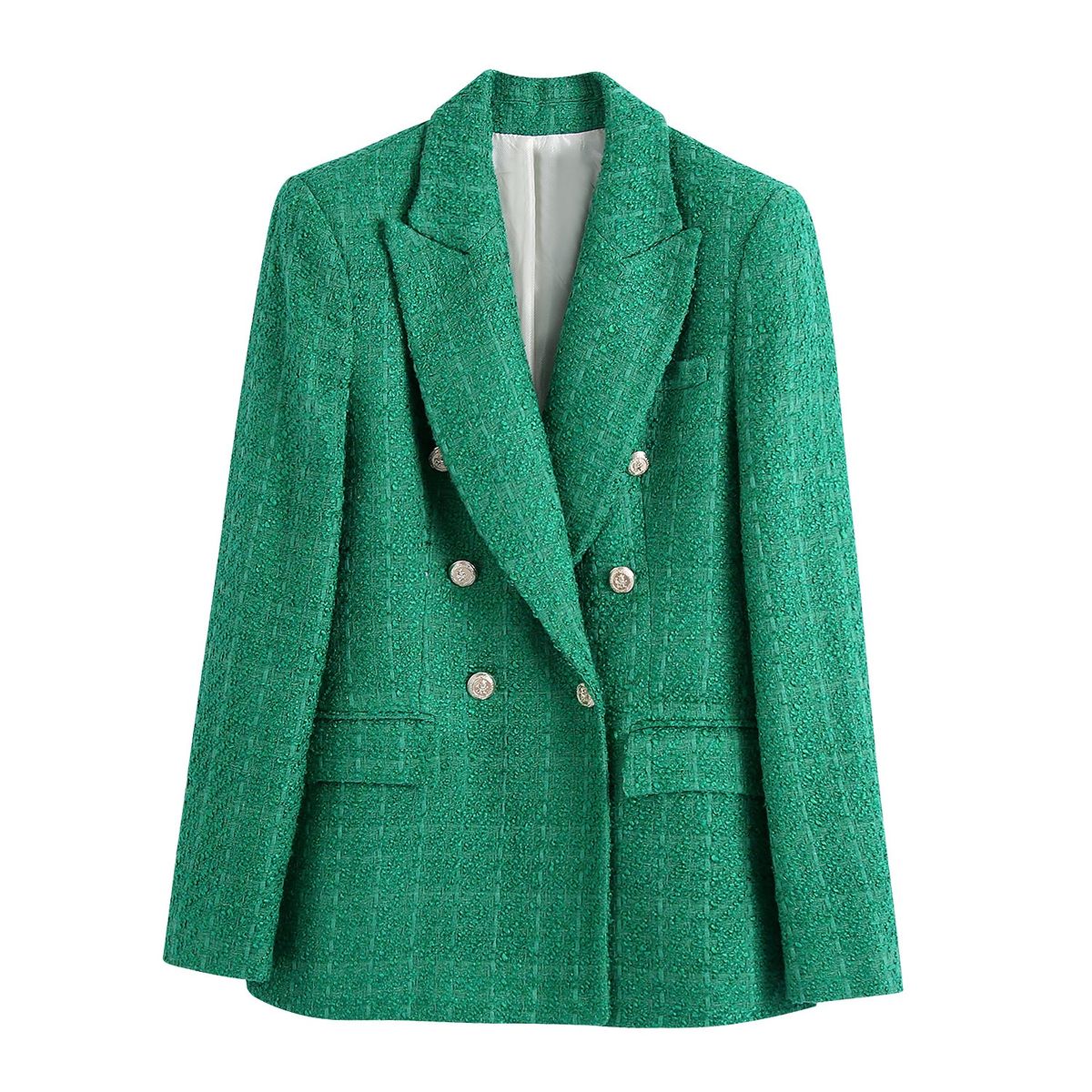 New European And American Foreign Trade Women's Fashion Textured Double-breasted Blazer 4033_ecoleips.com