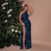 Women's Clothing Winter New Fashion Personality Slant Neck Off Shoulder Gathered Glossy Shiny Side Slit Banquet Dress_ecoleips.com
