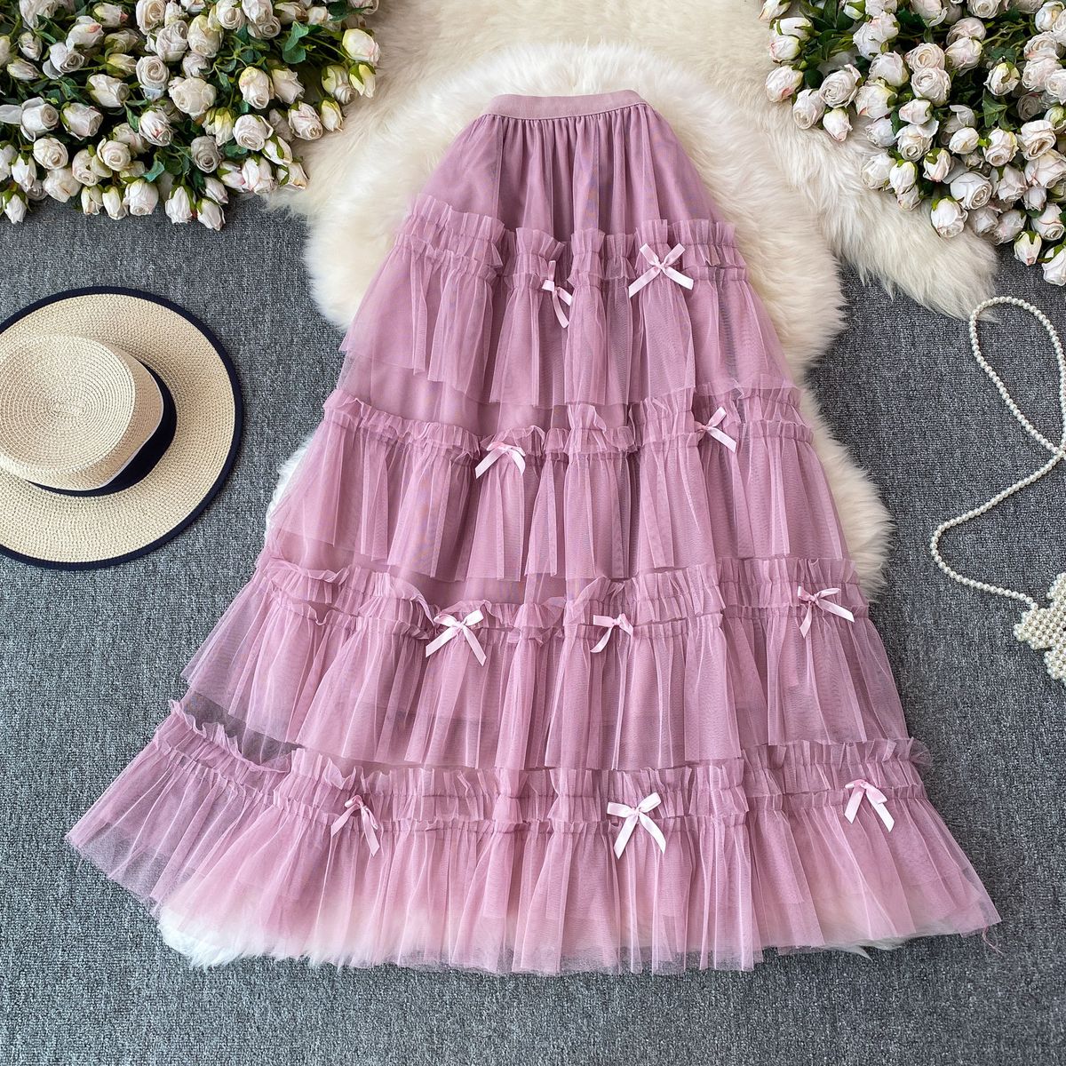 Fairy Cake Mesh Skirt For Women Puffy Mid-Length Sweet Bow Design Youthful And Gentle Style New_ecoleips.com