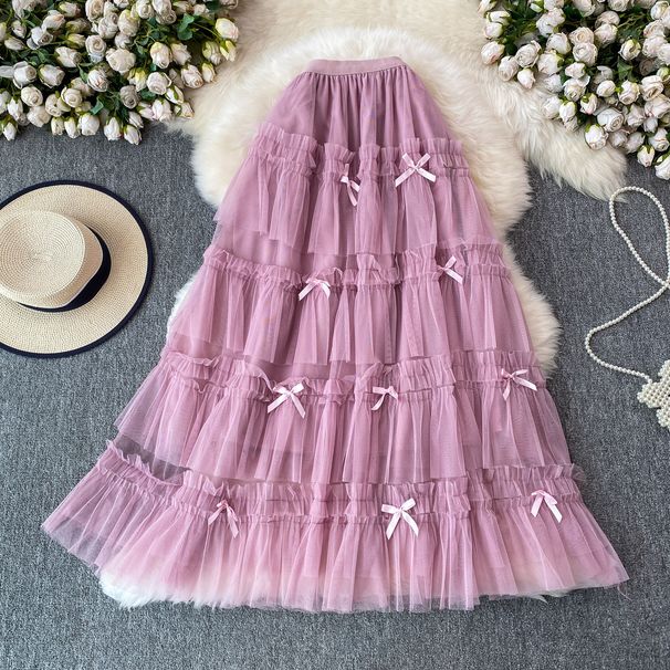 Fairy Cake Mesh Skirt For Women Puffy Mid-Length Sweet Bow Design Youthful And Gentle Style New_ecoleips.com