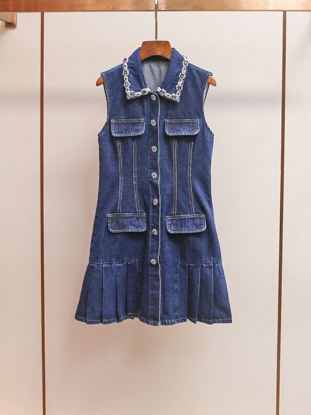 Women's Denim Pleated Dress - Sleeveless Single-Breasted With Beaded Lapel (Spring/Summer Light Mature Style)_ecoleips.com