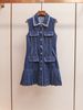 Women's Denim Pleated Dress - Sleeveless Single-Breasted With Beaded Lapel (Spring/Summer Light Mature Style)_ecoleips.com