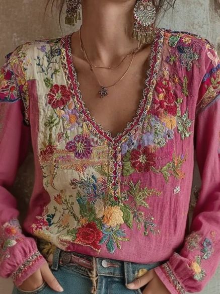 Vintage Floral Embroidered Blouse – Boho Loose-Fit T-Shirt With Pink Floral Print (Cotton-Linen Blend, Comfortable & Stylish)_ecoleips.com
