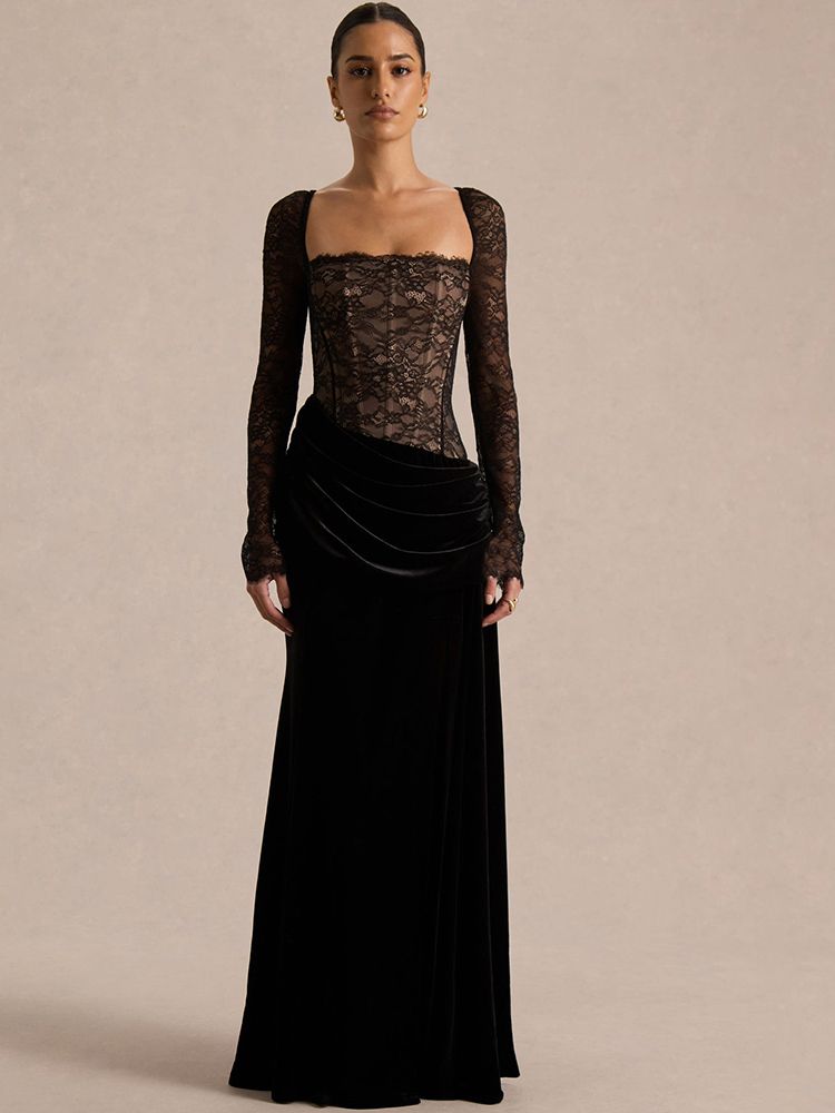 JULISSA MO Patchwork Lace Sexy High Slit Maxi Dress Women Long Sleeve Square Collar Dress Spring New Elegant Party Evening Dress_ecoleips.com