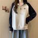 real Shot: Women's Color-blocked Long-sleeve Sweatshirt, Early Autumn Korean Style, Loose Fit, Half-zip POLO_ecoleips.com