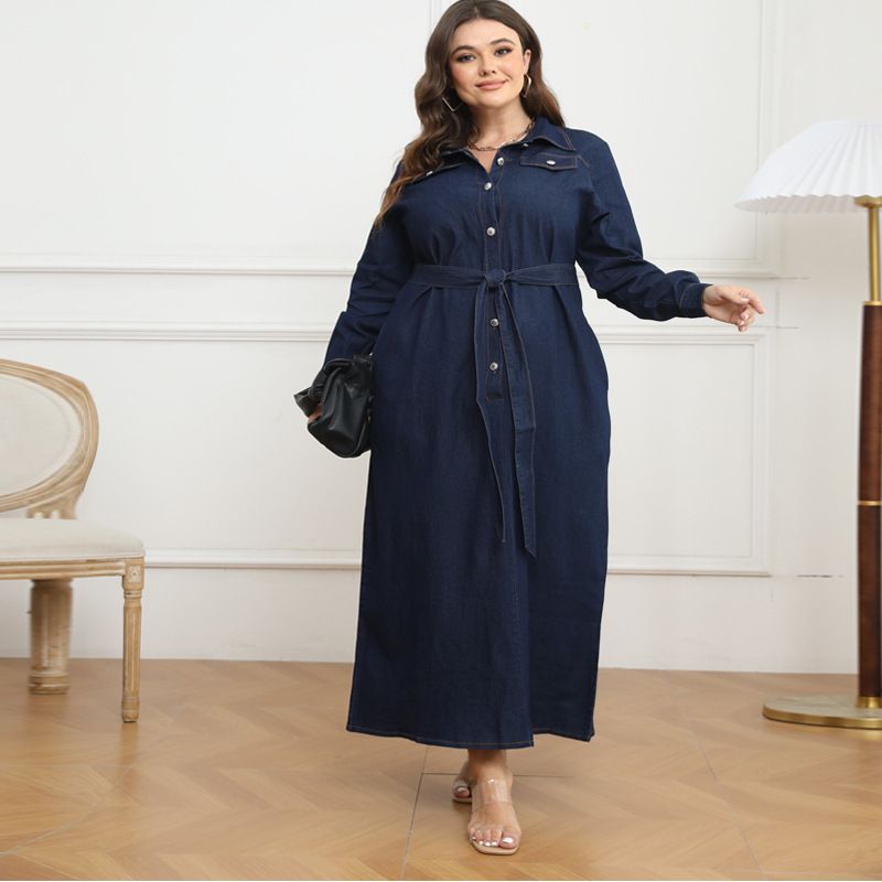 Winter Washed Denim Dress For Women Large Size Collared Open Front Fashion Plus Size Clothes_ecoleips.com