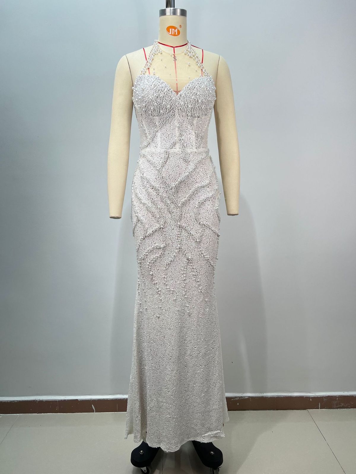 Women’s Clothing Hot Style Halter Neck Mesh See Through Sequins Heavy Pearl Hip Sexy Polar Evening Dress_ecoleips.com