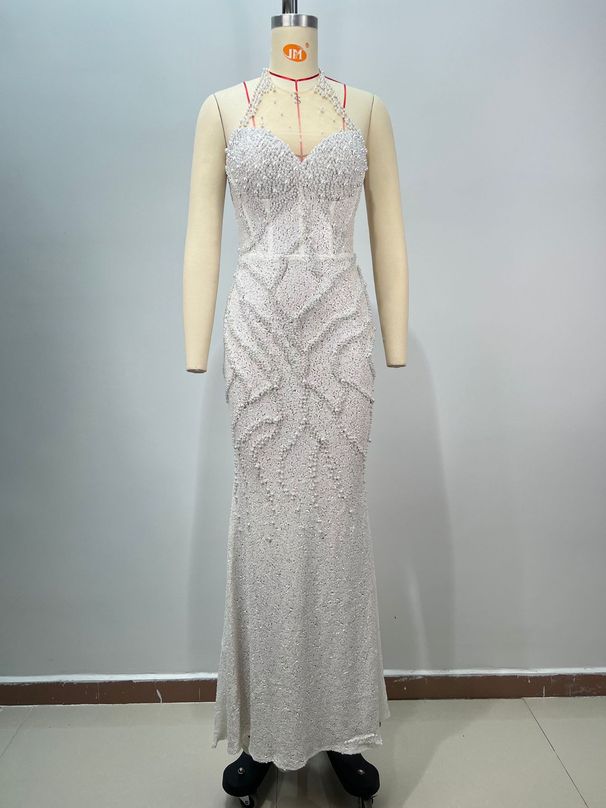 Women’s Clothing Hot Style Halter Neck Mesh See Through Sequins Heavy Pearl Hip Sexy Polar Evening Dress_ecoleips.com