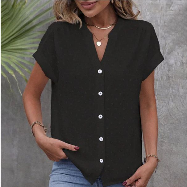 Summer New Arrival Women's Solid Color Jacquard Shirt V Neck Button up European And American Style Independent Store Summer 2025_ecoleips.com