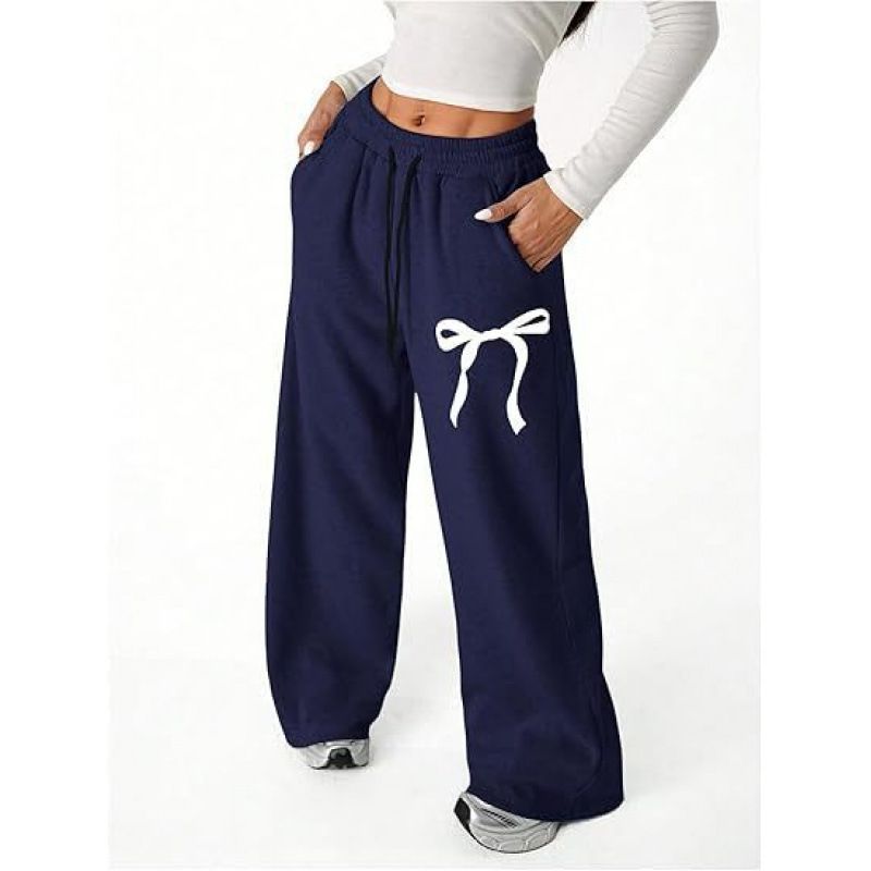 Women's High Waist Wide Leg Pants With Adjustable Drawstring, Pockets & Bow Print - Comfortable Casual Palazzo Trousers_ecoleips.com
