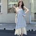 Lace Patchwork Plaid Camisole For Women 2024 Summer New Fresh Loose Slimming Two-in-One Dress_ecoleips.com