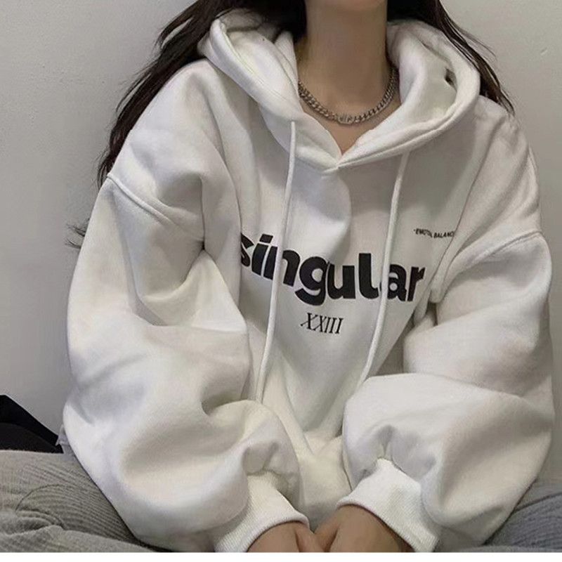 Women's Salt-Colored Fleece Lined Hooded Sweatshirt Korean Style Plus Size Loose Top For Autumn Winter Casual Elegant Fashion_ecoleips.com