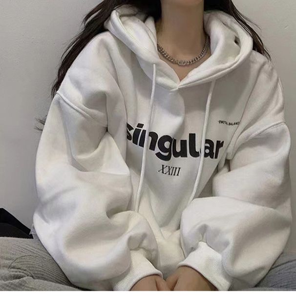 Women's Salt-Colored Fleece Lined Hooded Sweatshirt Korean Style Plus Size Loose Top For Autumn Winter Casual Elegant Fashion_ecoleips.com