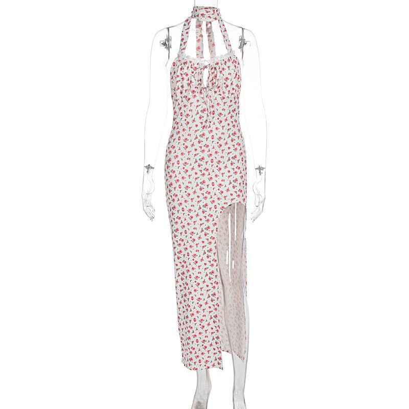 Women Sexy Fashion Floral Print Dress Lace Up Backless Slim Fit Bodycon Split Long Dress For Summer Party Dating_ecoleips.com