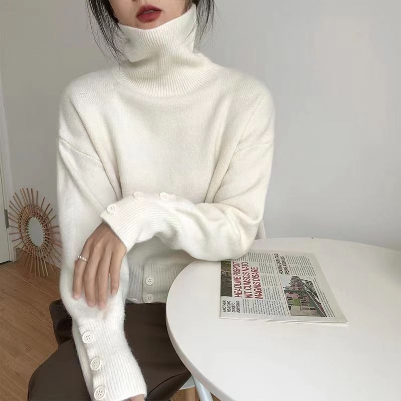 Japanese-Inspired High Neck Soft Sweater For Women - Retro Button Detail Casual Pullover (Off-White/Khaki/Olive Green/Black/Greyish)_ecoleips.com