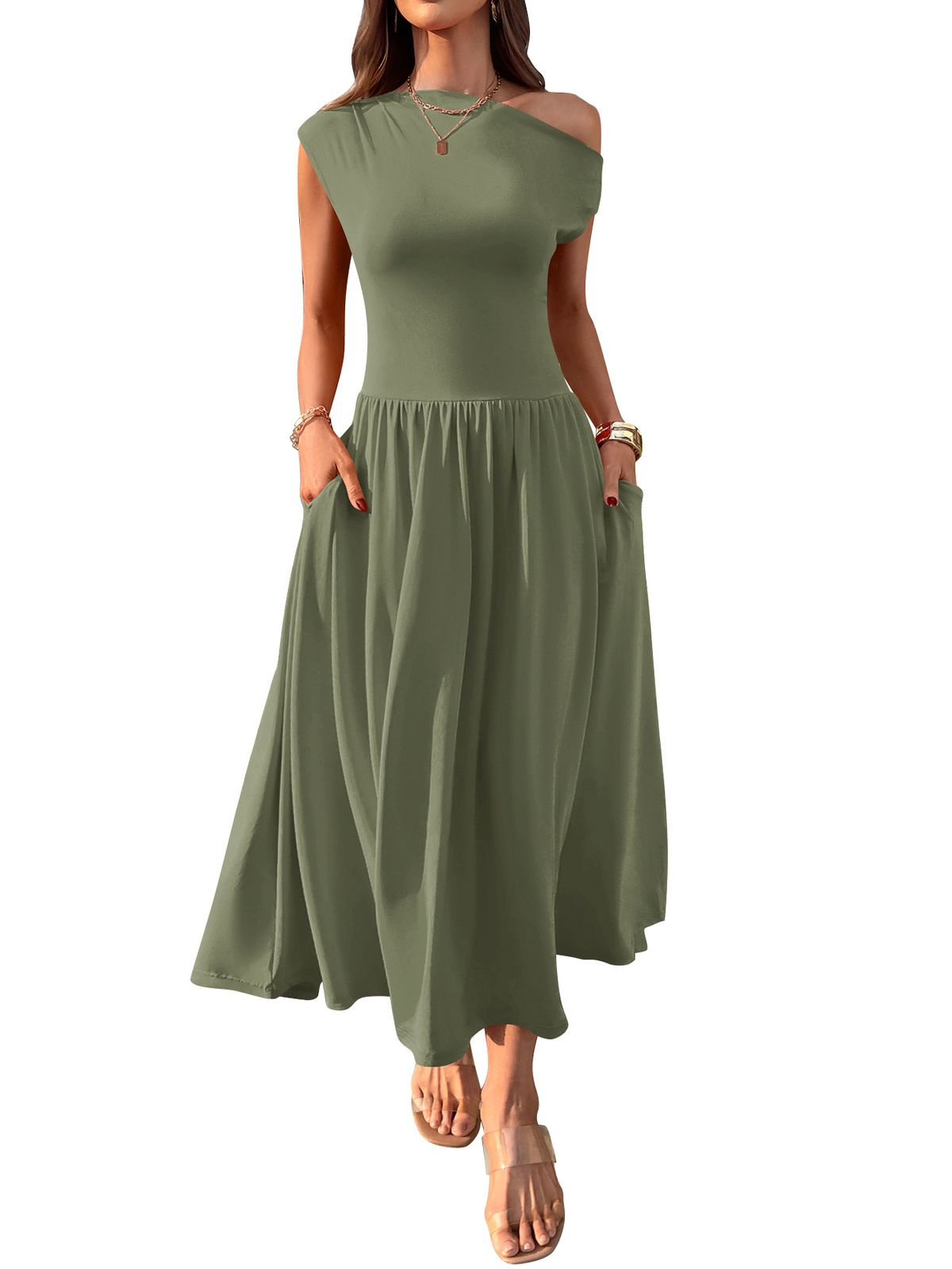 Women's Off-Shoulder Long Dress Summer Style Fitted Waist Solid Color With Pockets Platform_ecoleips.com