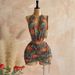 Women's Clothing Sexy Retro Patterned Mesh Mini Dress Deep V Neck Beaded Tight American Style_ecoleips.com
