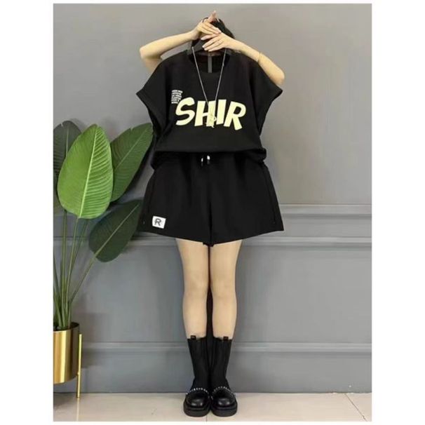Women's Clothing Fashion Casual Sports Suit Letter Half Sleeve Top Slim Shorts Two Piece Suit_ecoleips.com