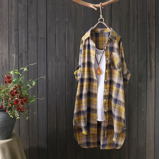 Spring Grid-Shirt Women's Mid-Length Long-Sleeved Versatile Loose-Fitting Cardigan With Single Button_ecoleips.com