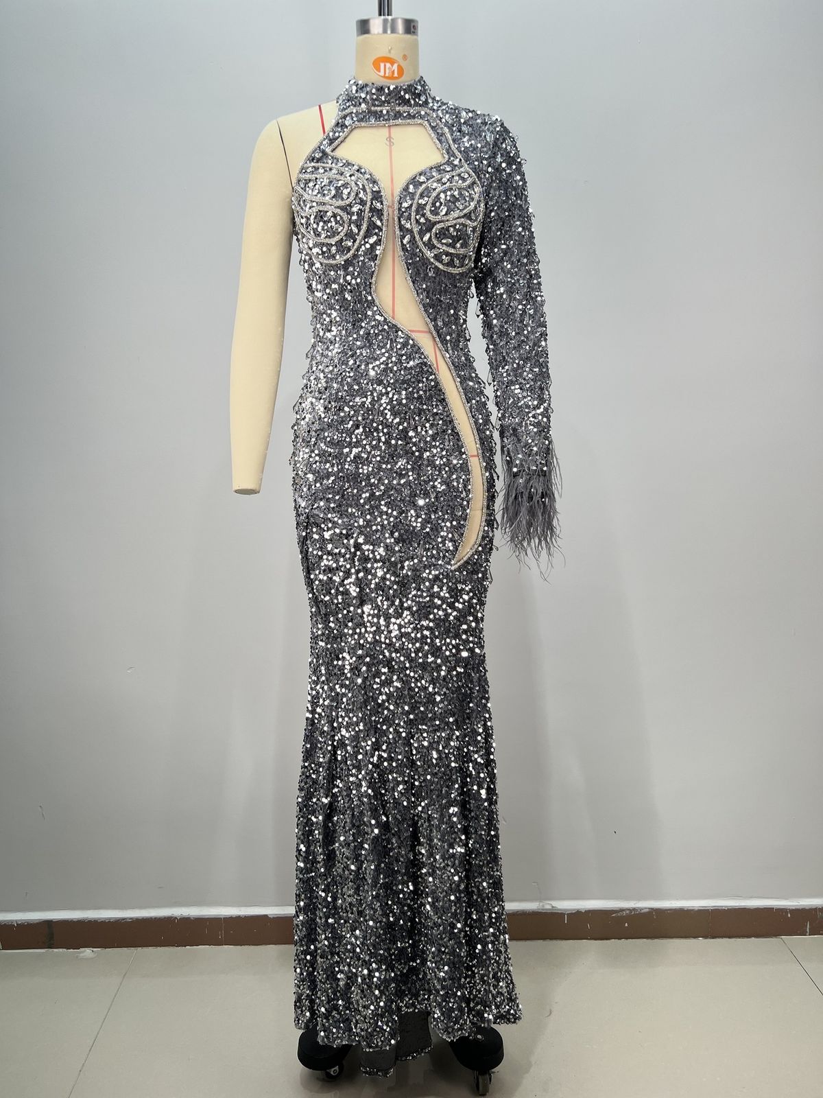 Women's Clothing Fashion Round Neck One Shoulder Heavy Nail Crystal Diamond Ostrich Feather Sequin Hip Party Dress_ecoleips.com