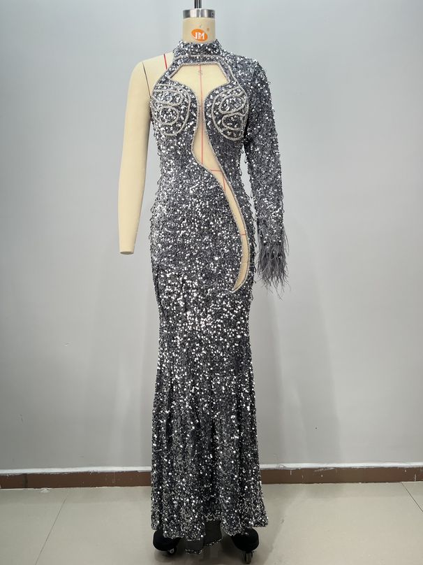 Women's Clothing Fashion Round Neck One Shoulder Heavy Nail Crystal Diamond Ostrich Feather Sequin Hip Party Dress_ecoleips.com