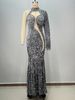 Women's Clothing Fashion Round Neck One Shoulder Heavy Nail Crystal Diamond Ostrich Feather Sequin Hip Party Dress_ecoleips.com