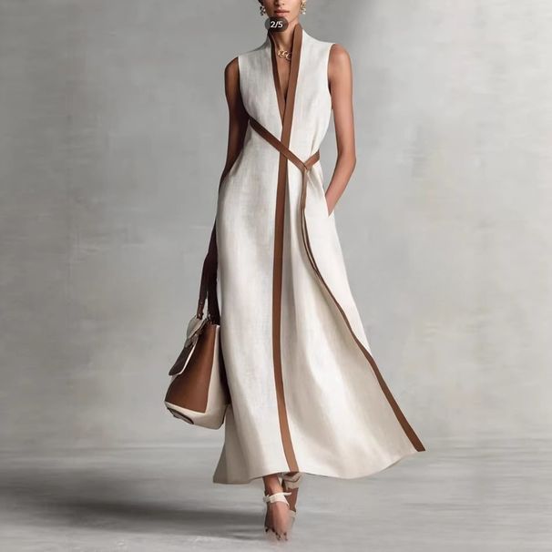 2026 Summer New Stand-up Collar Sleeveless Casual Contrasting Loose Dress_ecoleips.com