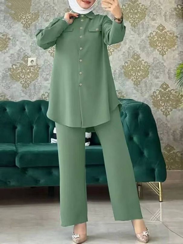 Elegant Full Sleeve Shirts And Wide Leg Pants Set For Women, Urban Tracksuits, Elegant Pant Sets, Turkish Blouse, Arab Fashion_ecoleips.com