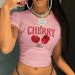 Sweet Cherry Print Cropped T-Shirt Trendy Letter Embellishments Available In Multiple Colors Youthful And Energetic Women's Top_ecoleips.com