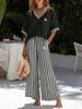 Women's V-Neck Striped Wide-Leg Set - European Style Linen-Like Two-Piece_ecoleips.com