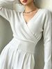 Women Cross Wrap V Neck Ribbed Knit Top Loose Long Sleeve Lightweight Hollow Texture Breathable Skin-friendly Cropped Knit Blouse_ecoleips.com