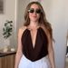 American Style Summer Bodysuit Women's Sexy Backless Halter Neck Sleeveless Romper With Metal Decoration White Brown_ecoleips.com