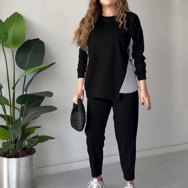 Women's Loose Round Neck Patchwork Suit Comfortable Fashion Casual Spring/Autumn Polyester Full Length Pant Set_ecoleips.com