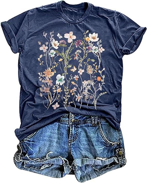 Vintage Wildflowers Graphic Shirt Women's Casual Holiday Short Sleeved T-Shirt Boho Floral Printed Tee Fall Tops_ecoleips.com