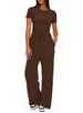 Women's Casual Lounge Set - High-Waisted Wide Leg Pants & Ruffle Sleeve Top, Stretchy Polyester Comfort Outfit In 12 Colors (XS-XXL)_ecoleips.com