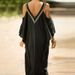 Women's V Neck Off-Shoulder Beach Dress Gold Edged Loose plus Size Maxi Holiday Dress Bikini Cover up Sunscreen Clothing_ecoleips.com