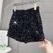 Sequin Embroidered High-Waist Shorts For Women - Stretchy Slim-Fit Hot Pants With Pockets, Black & Silver Glam Style_ecoleips.com