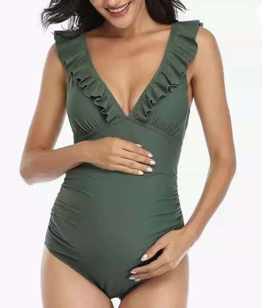 Maternity One Piece Swimsuit Solid Color Triangle Ruffle Hem Sexy Fashionable Design For Pregnant Women Summer Swimwear_ecoleips.com