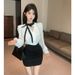 French-style Bow Tie Contrast Color V-neck Shirt For Women, New Autumn Korean-style Outfit High-end Feel, Paired With A_ecoleips.com