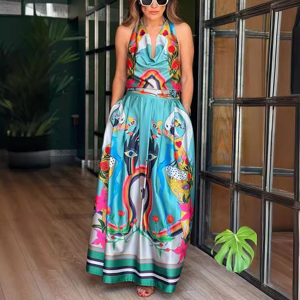 Women's Clothing Spring And Summer New Sleeveless Printed Dress Set INS Casual Loose Vacation Two-piece Set_ecoleips.com