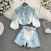 Women's Premium Selection Fashion Set Stand Collar Loose Lantern Sleeve Position Print High Waist Two Piece Shirt_ecoleips.com