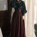 French European Court Sleeve Lace Shirt Striped Long Dress Two-Piece Set Dark Style_ecoleips.com