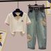 Women's Clothing Women's Fashionable Short Sleeved Shirt Collar Embroidered Bear Ethnic Style Trendy Style Set With Versatile Jeans_ecoleips.com