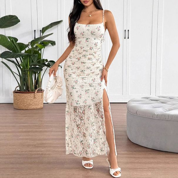 European And American 2026 Summer New Women's Fashion Sexy Printed Slim-Fit Waist-Cinching Lace Strapless Dress_ecoleips.com