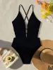 Sexy Ribbed Swimsuit One Piece Deep V-neck Bikinis Bodysuit Back Tie Swimwear High Waist Bathing Suit Beachwear Biquini Tankini_ecoleips.com